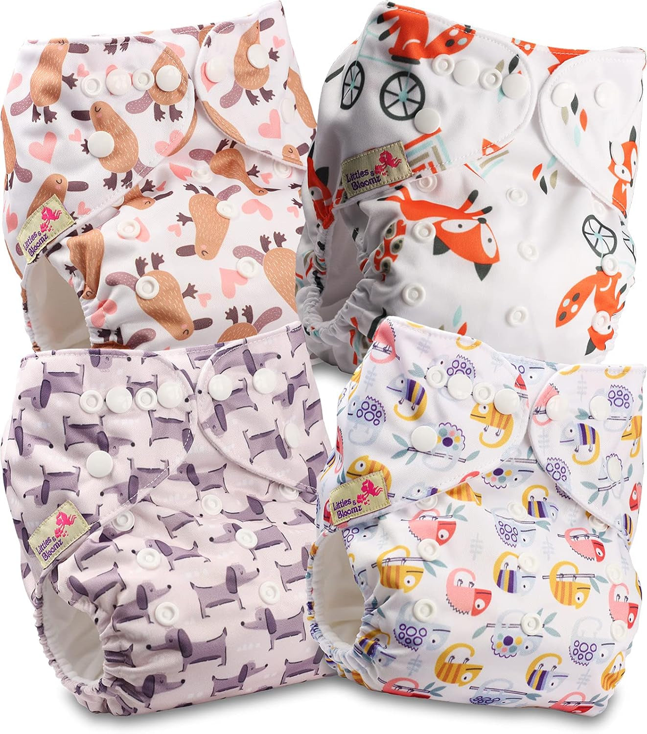 Littles and Bloomz FLP2-0406 Standardowa pieluszka wielokrotnego użytku z klipsem, 4 pieluszki