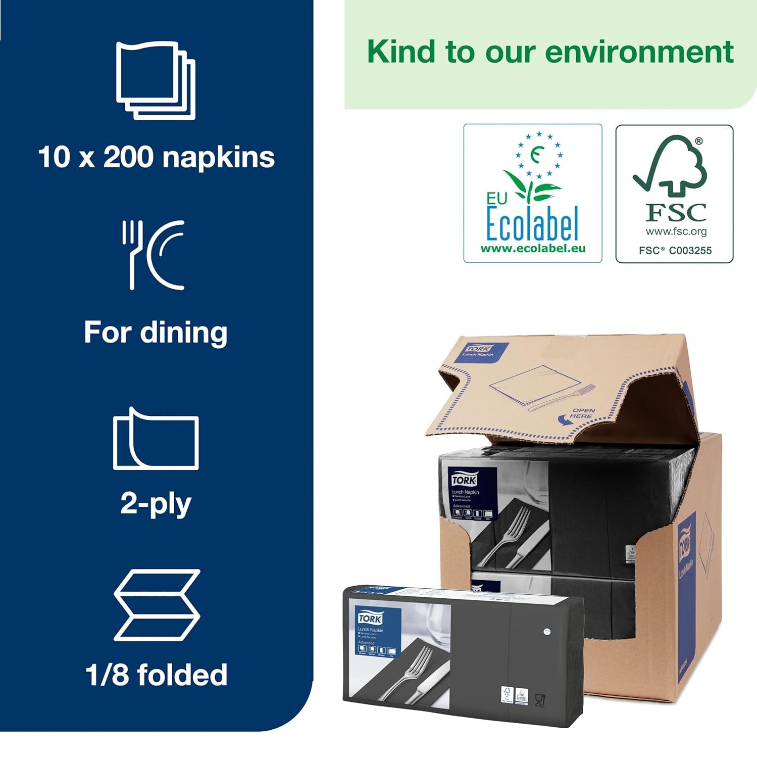 Tork 477851 Șervețele de prânz negre 1/8 pliate / Șervețele de hârtie prepliate din 2 straturi pentru gustări sau mâncăruri mici / Calitate avansată / 10 X 200 (2000) șervețele / 32,6 X 33 Cm (L X l)