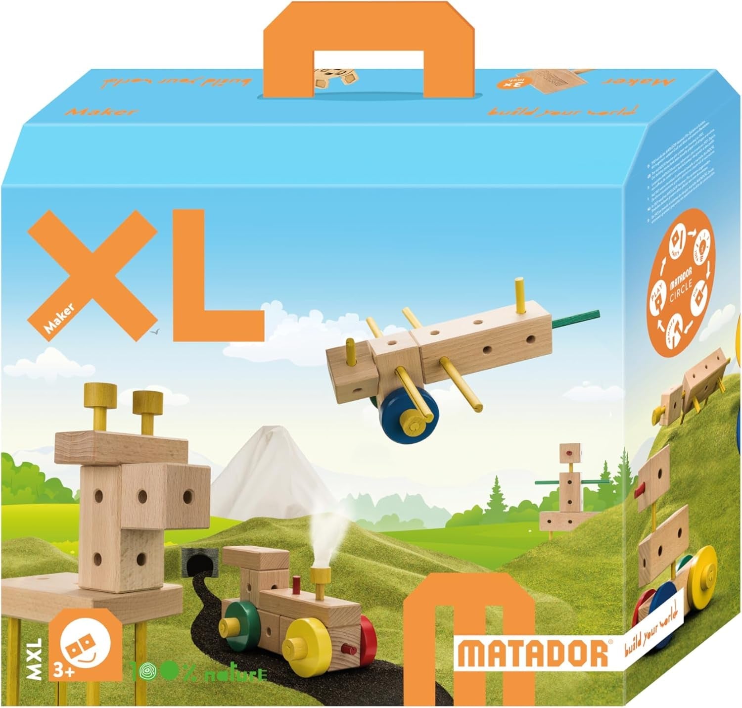 Matador Kinder Baukasten ab 3 Jahren 34-tlg. - Spannendes Holz Konstruktionsspielzeug zur Schulung von Kreativität und Feinmotorik, Bauspielzeug mit Stäbchen, Klötzen, Hammer & Zange