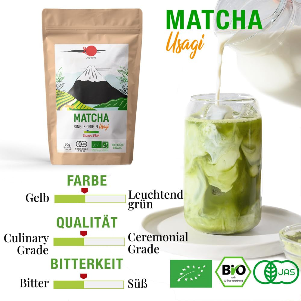 ORIGEENS Ceai japonez organic Matcha Usagi (Latte Intensiv) - Single Origin Shizuoka - Pudră Matcha organică - Pungă de 80 g