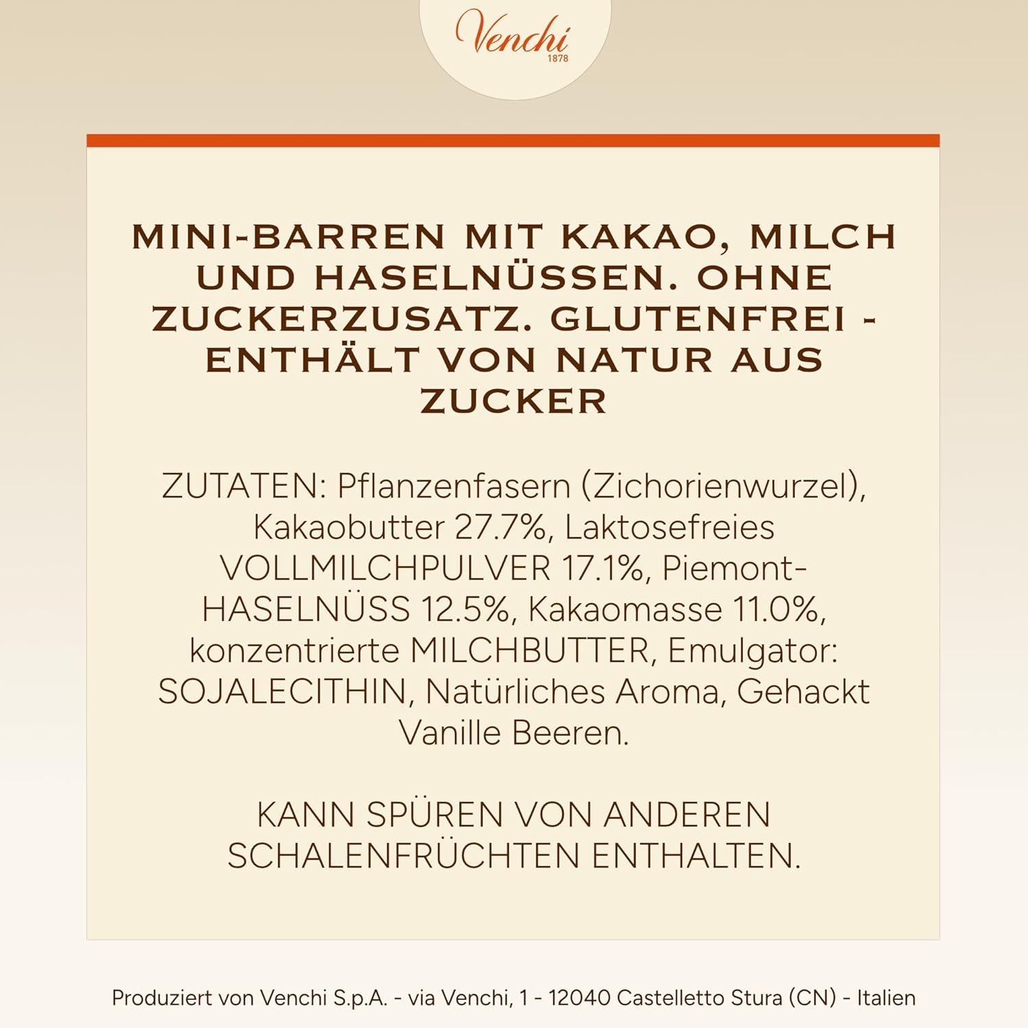 Venchi - Batony czekoladowe z mlekiem i orzechami laskowymi - 70% cukru - Praliny z PGI Piemonckie całe orzechy laskowe, 1 kg - Bezglutenowe