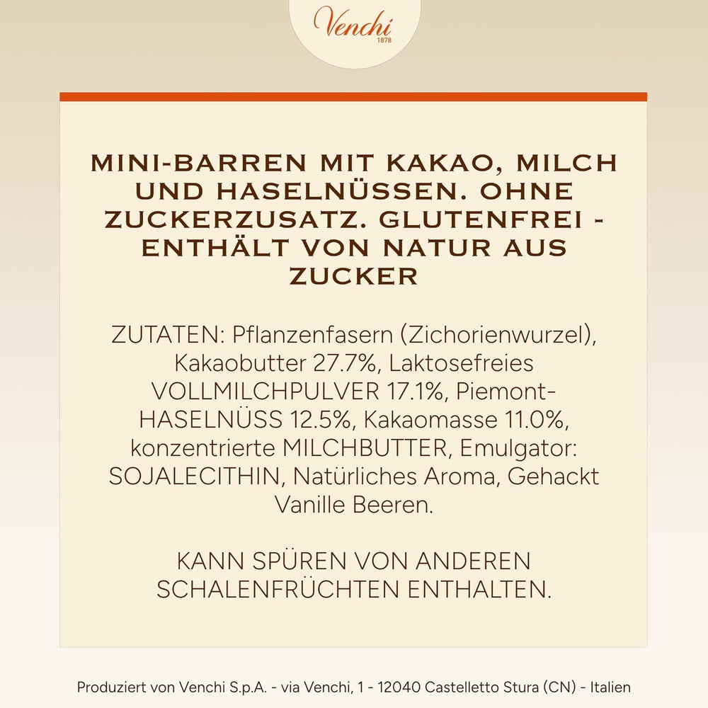 Venchi - Batony czekoladowe z mlekiem i orzechami laskowymi - 70% cukru - Praliny z PGI Piemonckie całe orzechy laskowe, 1 kg - Bezglutenowe
