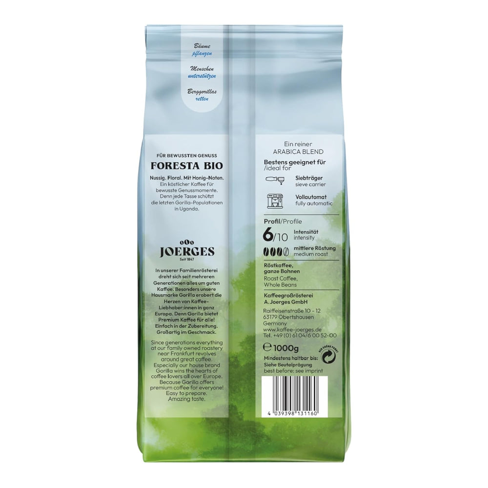 Cafea Gorilla Foresta, pachet dublu, 2 x 1 kg, boabe prăjite | Amestec Arabica, boabe întregi | Espressor portafilter complet automat | Cafea espresso