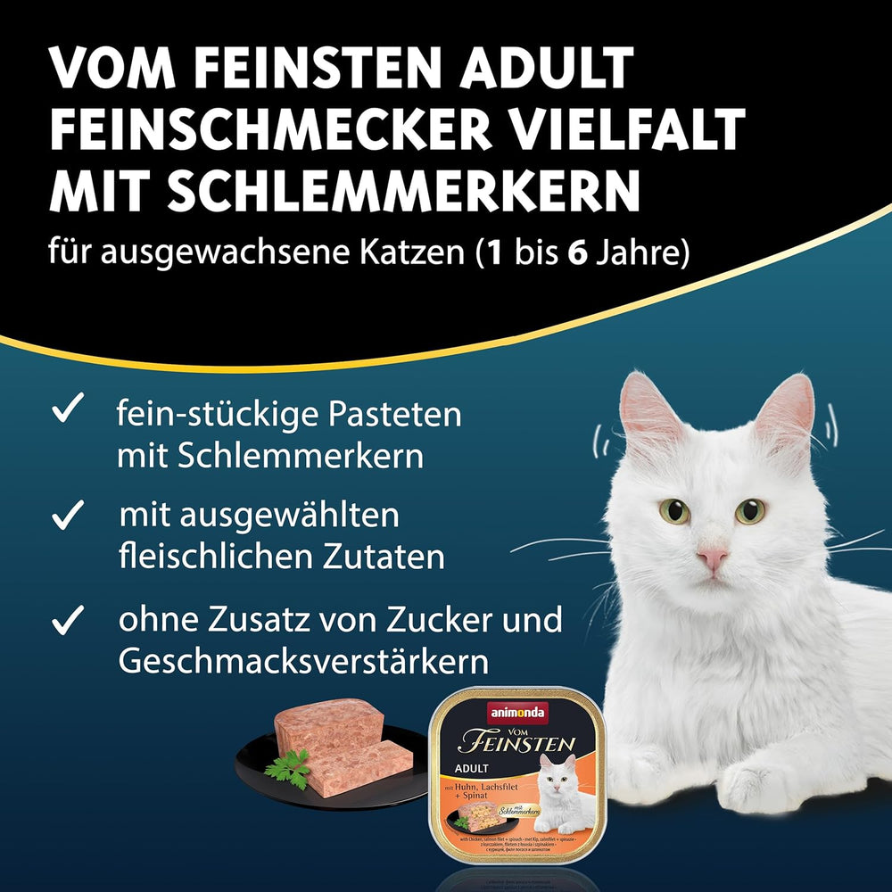 animonda Vom Feinsten Adult Gourmet Variety (32 x 100 g), hrană umedă pentru pisici adulte, fără cereale și fără zahăr, cu un miez gourmet irezistibil.