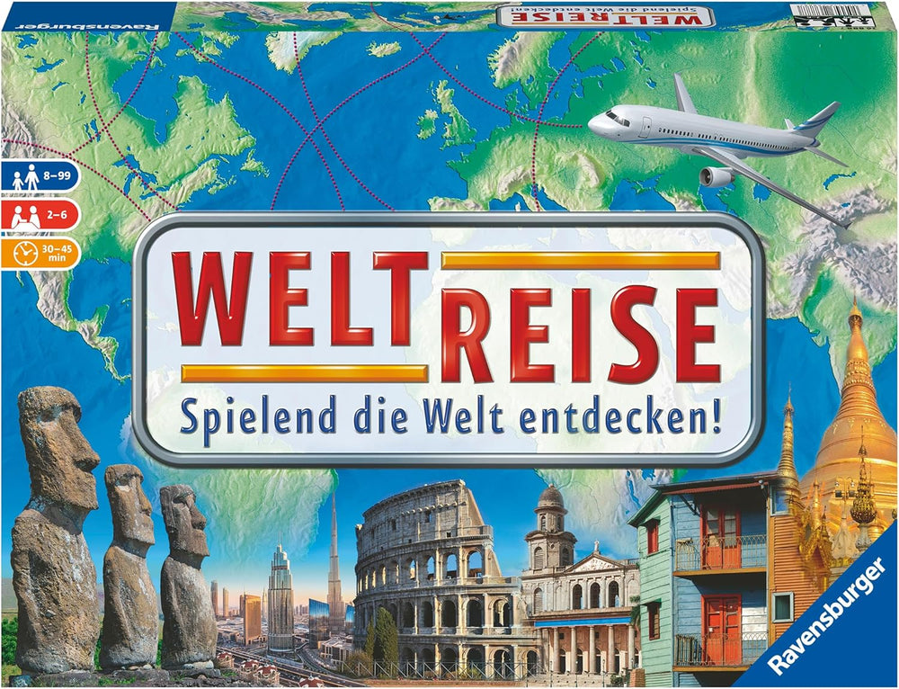 Ravensburger Family Game 26888 - World Tour - Klasyczna gra dla rodzin, w wieku 8 lat i więcej - Gra towarzyska, podróże po świecie, gra planszowa dla maksymalnie 6 graczy - ponad 170 miast