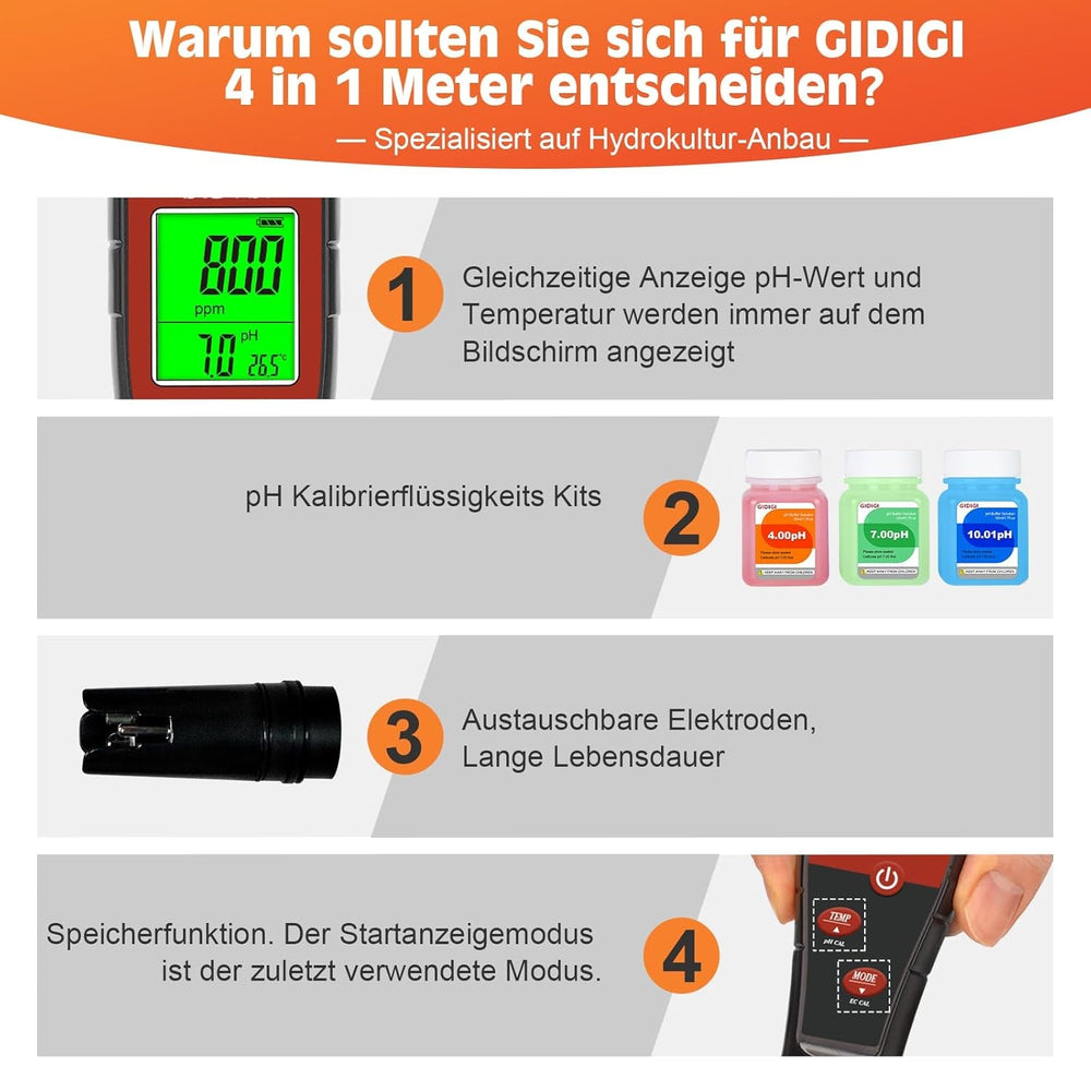 pH-metru pentru apă hidroponică, tester digital de pH pentru apă, tester TDS, test EC PPM pentru nutrienți ai plantelor, conductivitate 4 în 1, stilou pH pentru apă potabilă, DWC, plante de apartament