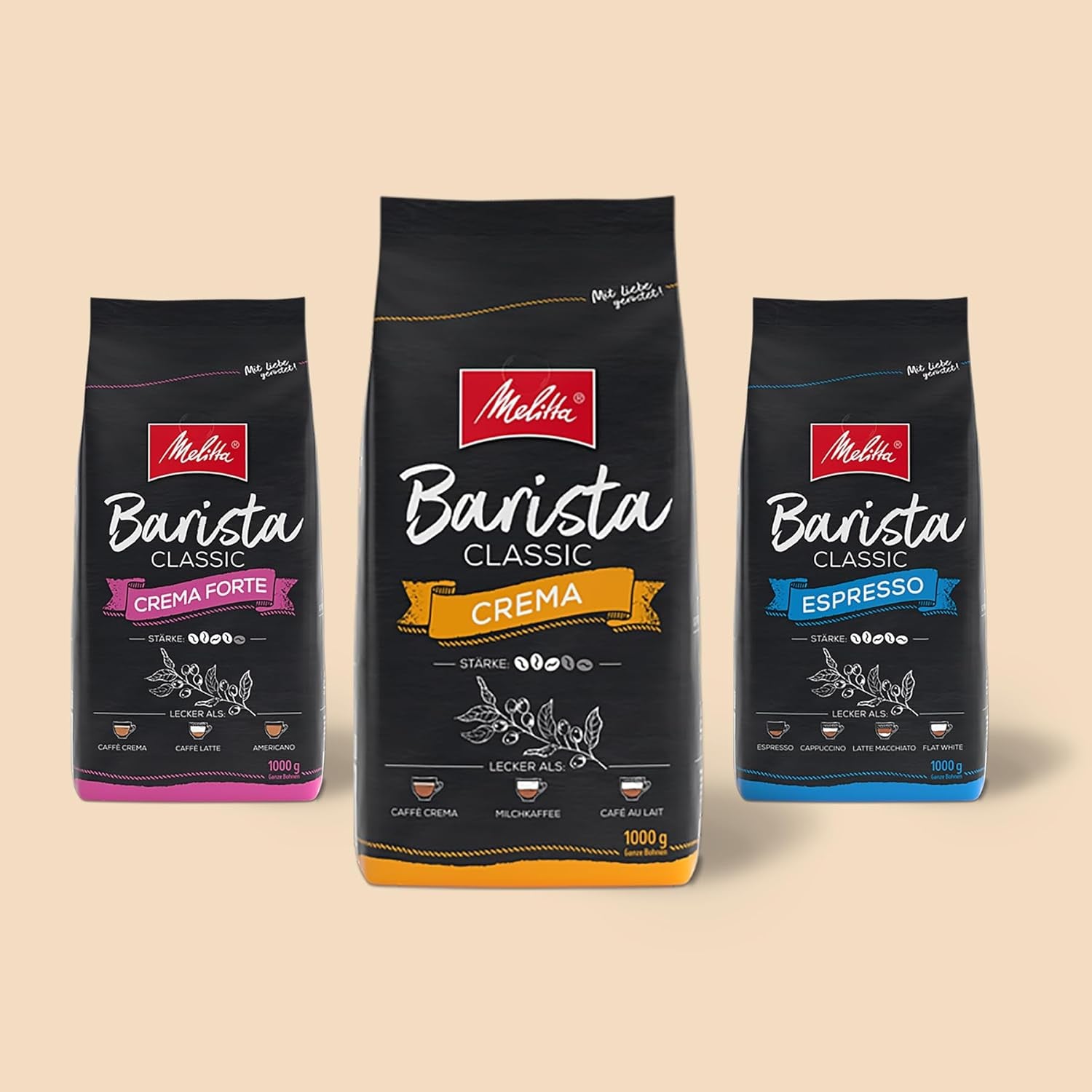 Melitta Barista Classic Espresso, Boabe de cafea întregi 1kg, Nemăcinate, Boabe de cafea pentru espressoare automate, Prăjire puternică, Intensitate 5 (Pachet de 2)