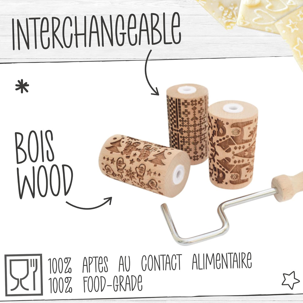ScrapCooking 3798 Zestaw świątecznych ciasteczek – 3 Mini-Gebäckrollen aus Holz mit Motiven – Dekos mit Prägung – Form für Kekse, Sandgestrahlt, Kekse