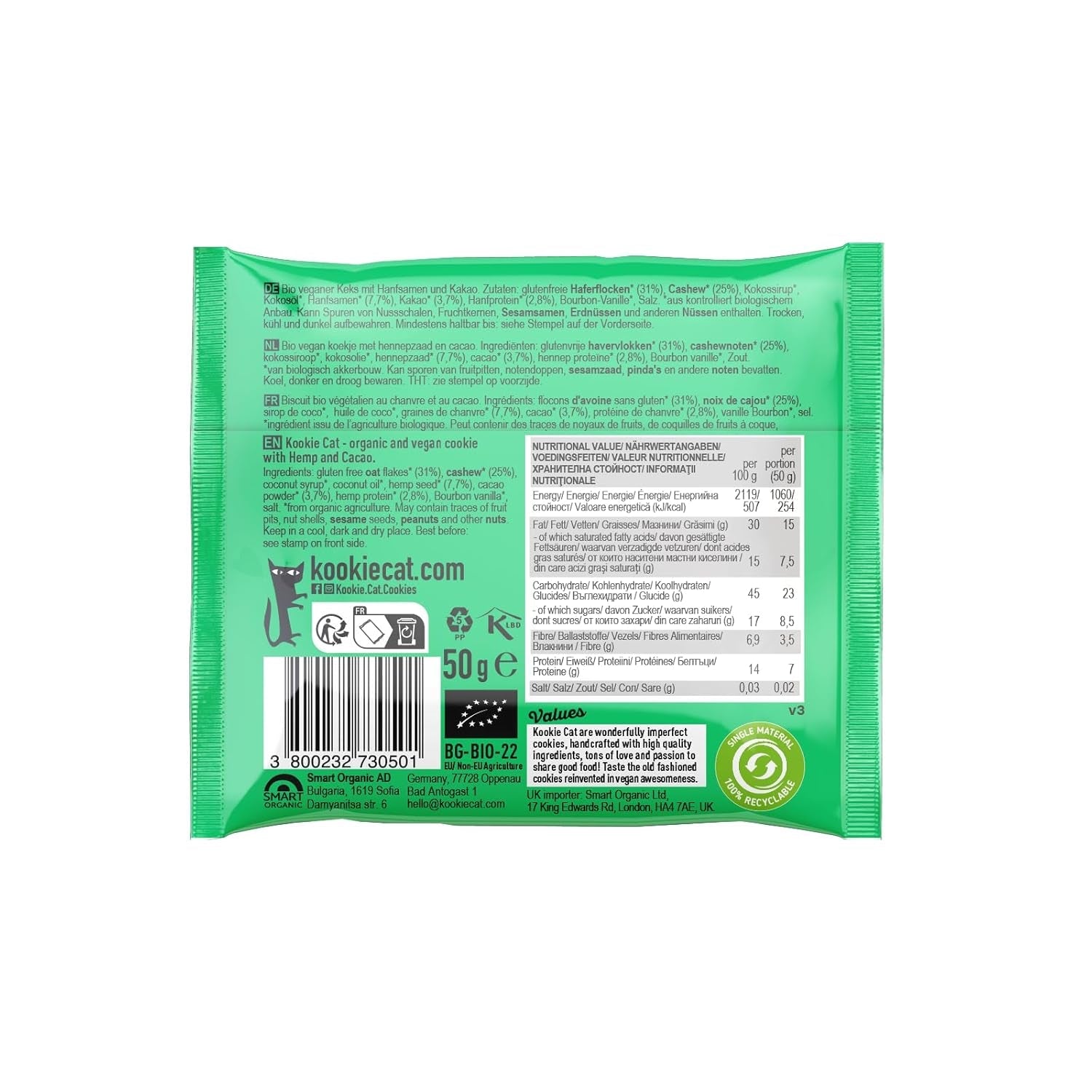 Semințe de cânepă și cacao - Fursecuri vegane ambalate individual, fără gluten, fără soia, organice, cu caju și ovăz - Pachet multiplu de 12 x 50g