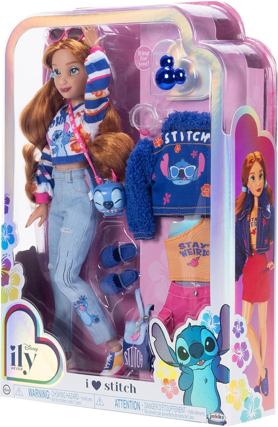 Disney ILY 4EVER Fashion Dolls Stitch z rudymi włosami, wysokość 11,5 cala, 13 punktów artykulacji, dwa kompletne stroje do mieszania i dopasowywania oraz błyszczący pierścionek Mickey dla Ciebie! Sklep z lalkami Naty
