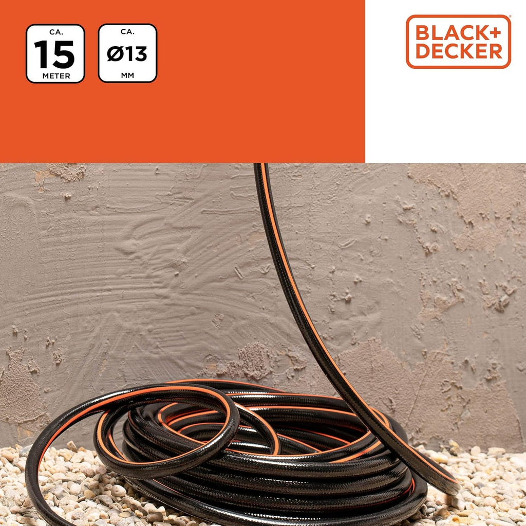 Furtun de grădină BLACK+DECKER 15 metri - Ø13MM - PVC durabil - Udarea grădinii, spălarea mașinii, umplerea piscinei - Compatibil cu orice robinet standard - Negru/Portocaliu