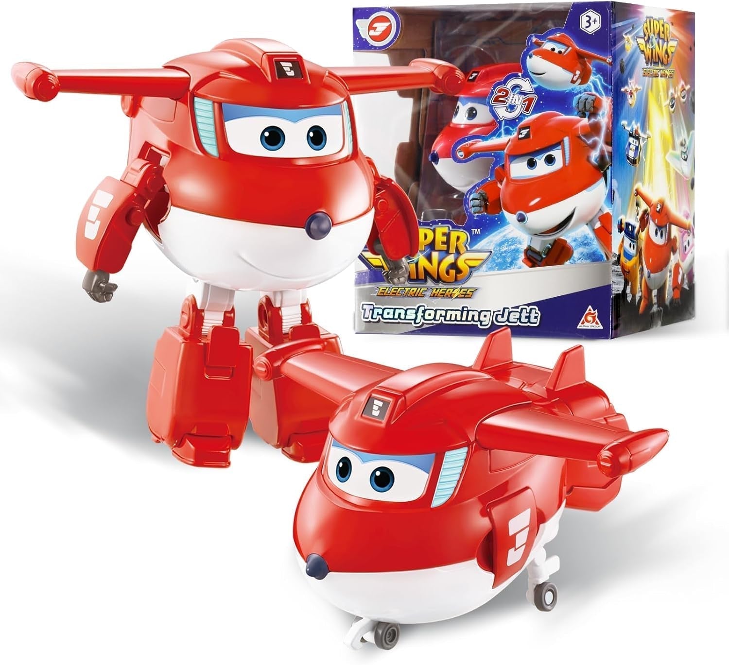 Samolot transformacyjny Super Wings z doładowaniem, ok. 12,7 cm duże dzieci bawią się figurką samolot i figurka robota dla chłopców i dziewcząt powyżej 3 lat srebrne figurki Naty Shop Jett