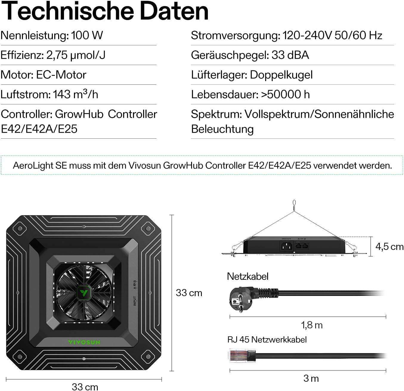 Inteligentny system uprawy VIVOSUN z lampą LED AeroLight A100SE o mocy 100 W, zintegrowanym wentylatorem obiegowym, wentylatorem kanałowym AeroZesh T4 100 mm i wydajnością 357 m3/h oraz kontrolerem GrowHub E42A do uprawy w namiotach i pomieszczeniach zamkniętych