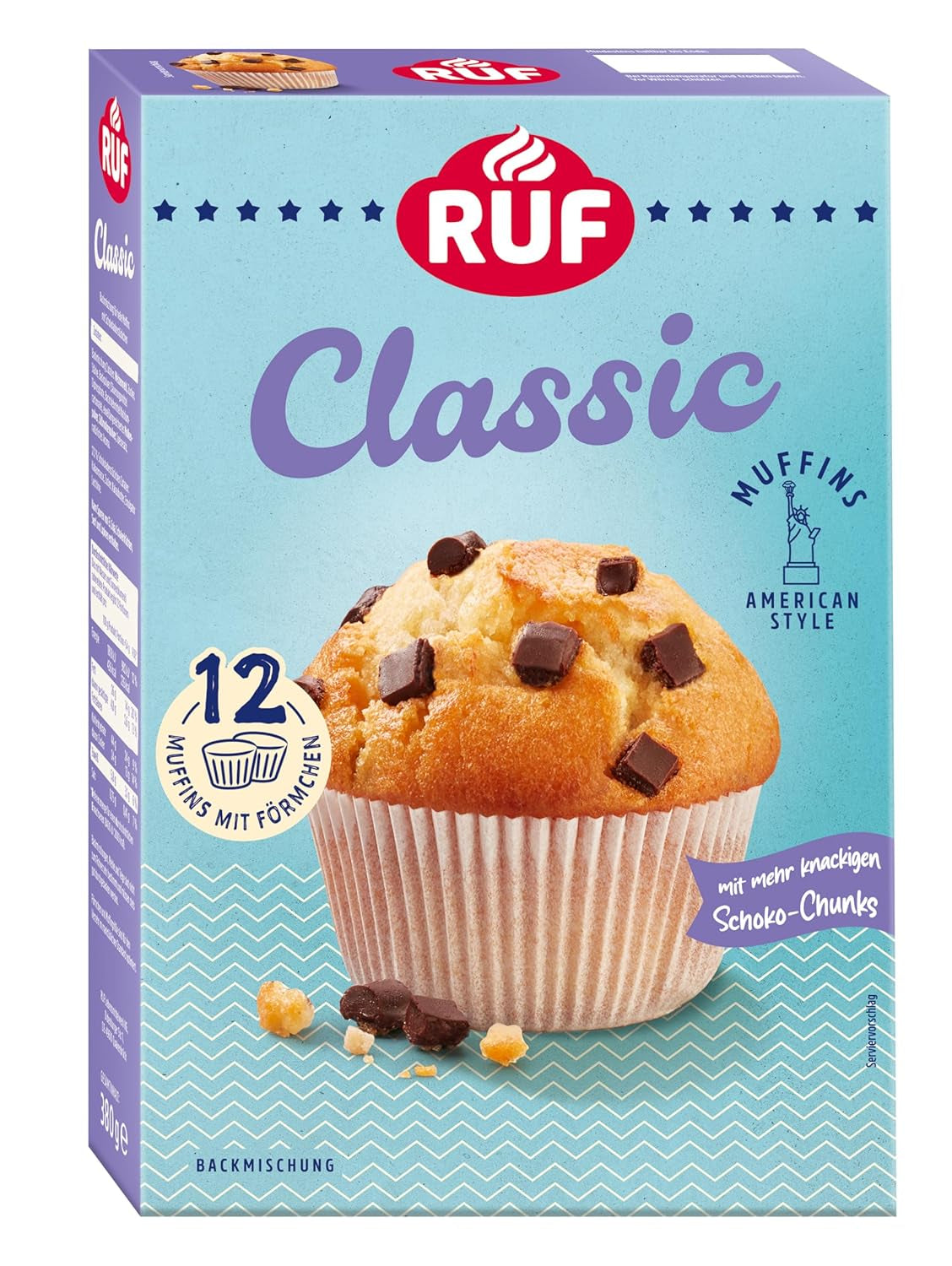 RUF Sernik-Muffiny Backmischung, Muffiny w stylu amerykańskim Mit Cremiger Füllung, Einfache Zubereitung, 12 Muffin-Förmchen Inklusive Naty Shop Hell 3-Teiliges Set