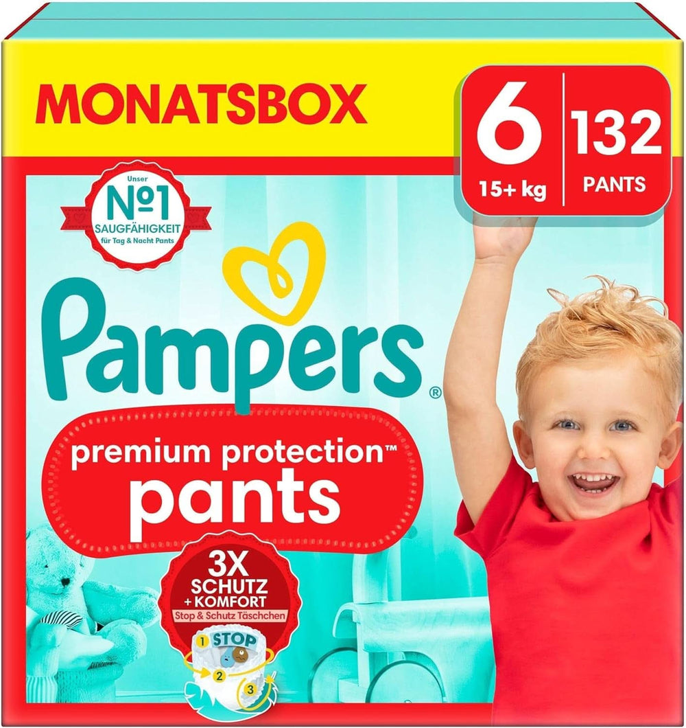 Pampers Baby Nappies Spodnie rozmiar 5 (12-17Kg) Premium Protection, Junior z kieszenią Stop and Protect, 144 pieluchy Majtki Matka i Dziecko Naty Shop 6 (132 szt.) Spodnie Premium Protection