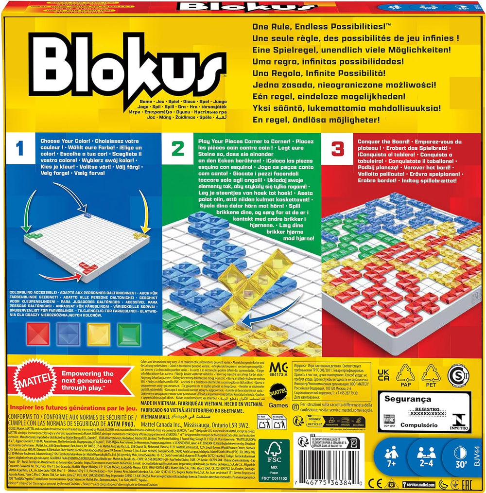 Mattel Games Blokus Game, rodzinna gra planszowa, gra strategiczna, 2-4 graczy, gra imprezowa, wiek 7+, BJV44