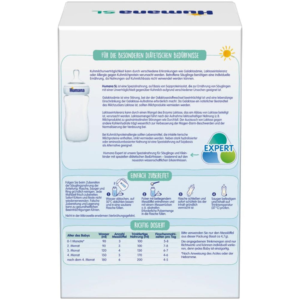 Humana SL Expert, od urodzenia, specjalny pokarm w przypadku nietolerancji mleka krowiego spowodowanej nietolerancją laktozy, galaktozemią lub alergią na białko mleka krowiego, dla niemowląt i małych dzieci, 600 G Sklep dla Matki i Dziecka Naty Shop