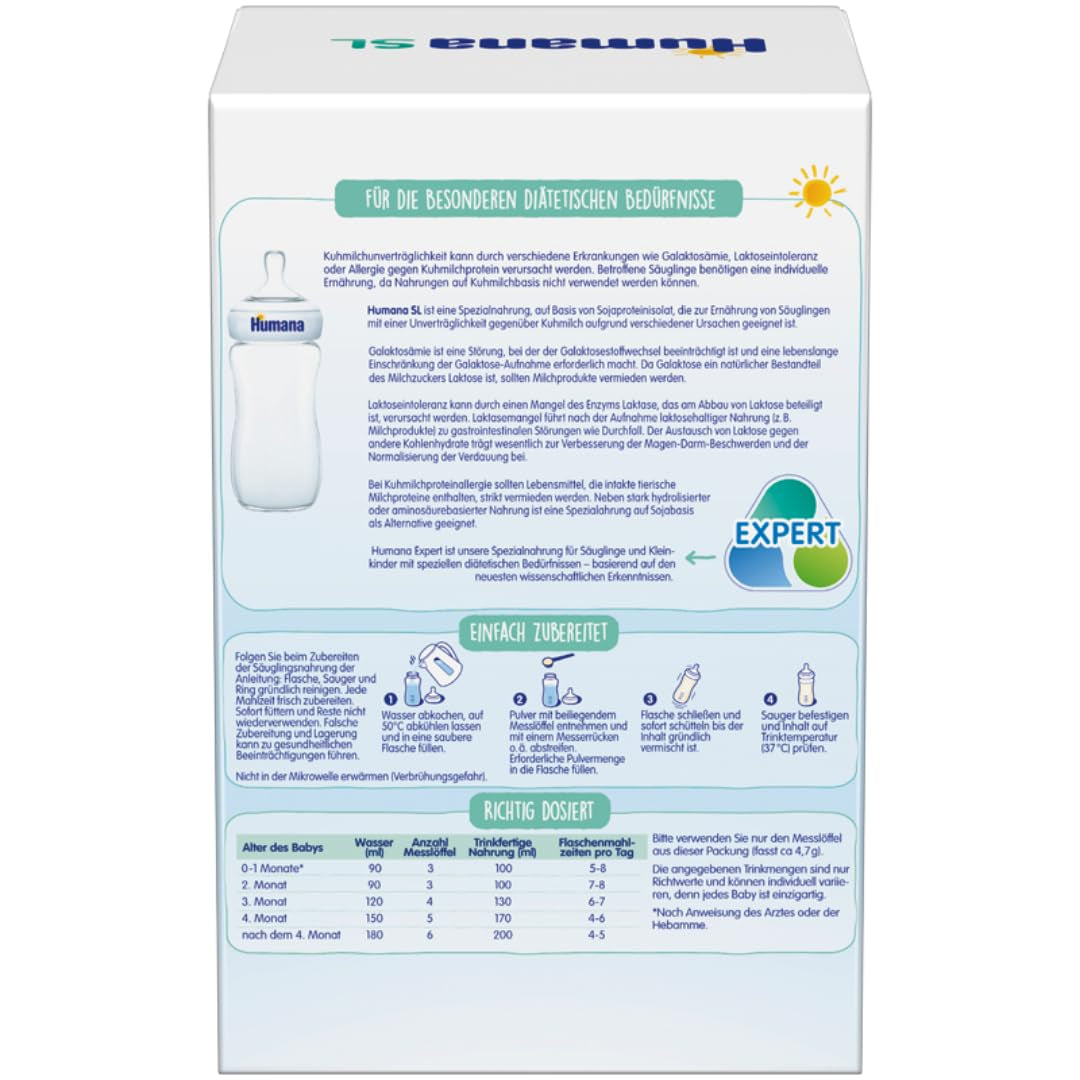 Humana SL Expert, od urodzenia, specjalna formuła na nietolerancję mleka krowiego spowodowaną nietolerancją laktozy, galaktozemią lub alergią na białko mleka krowiego, dla niemowląt i małych dzieci, 600g