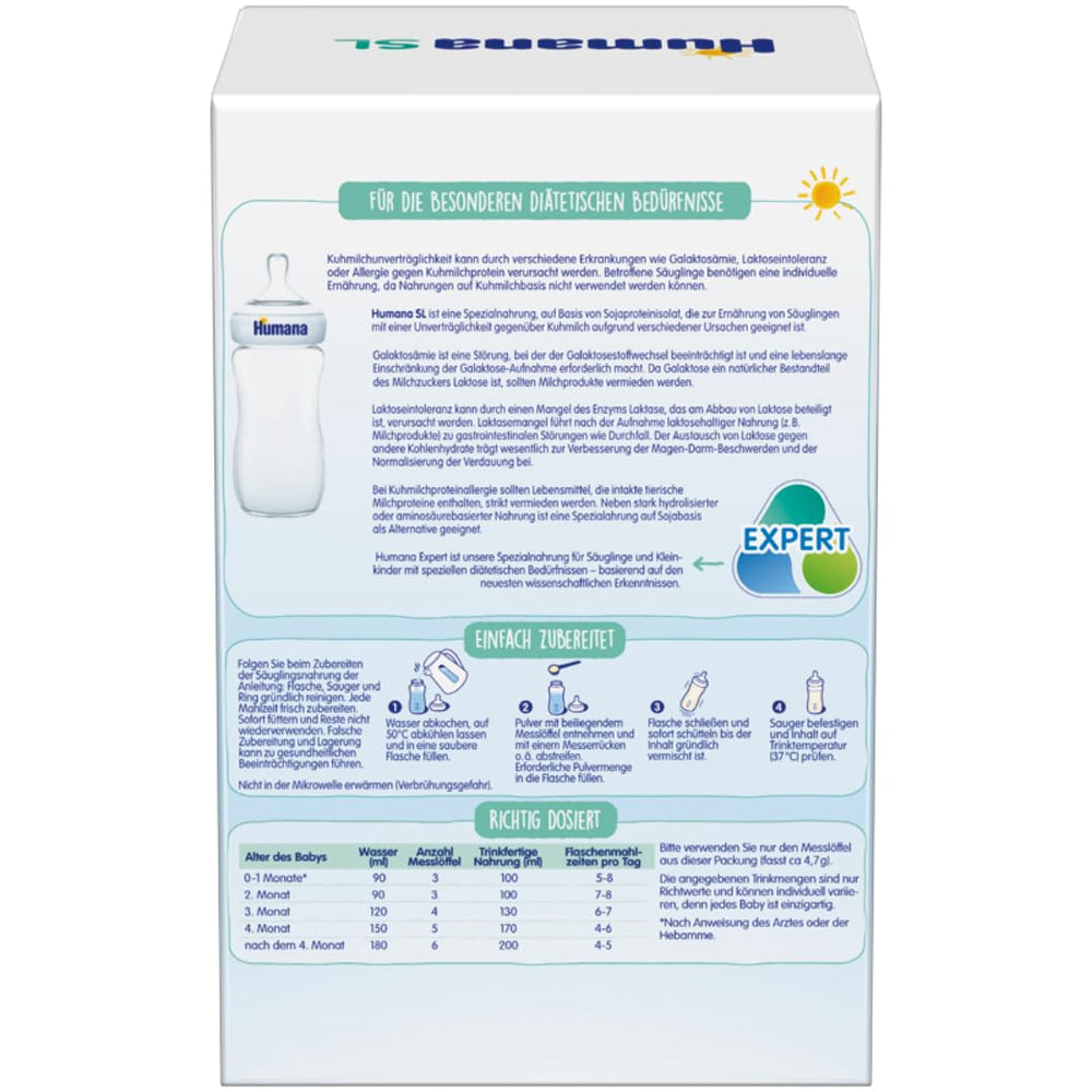 Humana SL Expert, od urodzenia, specjalna formuła na nietolerancję mleka krowiego spowodowaną nietolerancją laktozy, galaktozemią lub alergią na białko mleka krowiego, dla niemowląt i małych dzieci, 600g