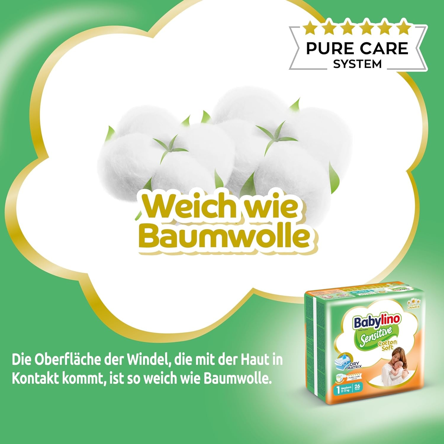 Wrażliwe pieluszki dziecięce, rozmiar 1, dla noworodków (2-5 kg), 26 sztuk
