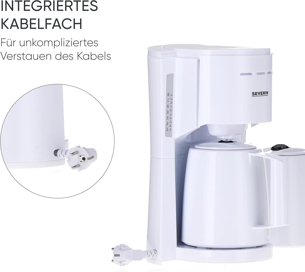 Espressor Severin cu filtru și 2 carafe termice, espressor cu capac, turnare fără picurare, menținere lungă a temperaturii, oprire automată, 1000 W, aprox. 1 litru, alb, KA 9309
