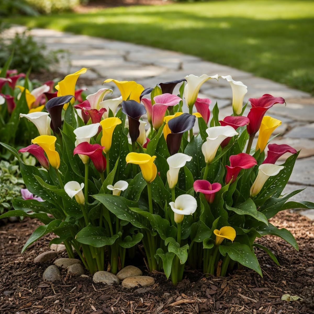 Calla Lilien Zwiebeln Winterhart Mehrjährig - Zantedeschia - 10 große Blumenzwiebeln, 5 Sorten Mix - Echte Pflanzen aus Holland - für Garten und Topf (große Knollen, kein Samen und nicht künstlich)