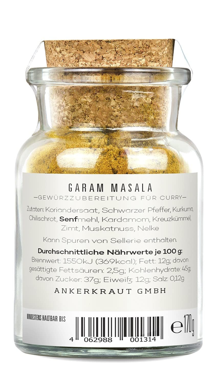 Ankerkraut Garam Masala, Gewürz für indisches Gericht, Leckeres Curry mit Fleisch würzen, Taste of India, 65 g w szkle korkowym