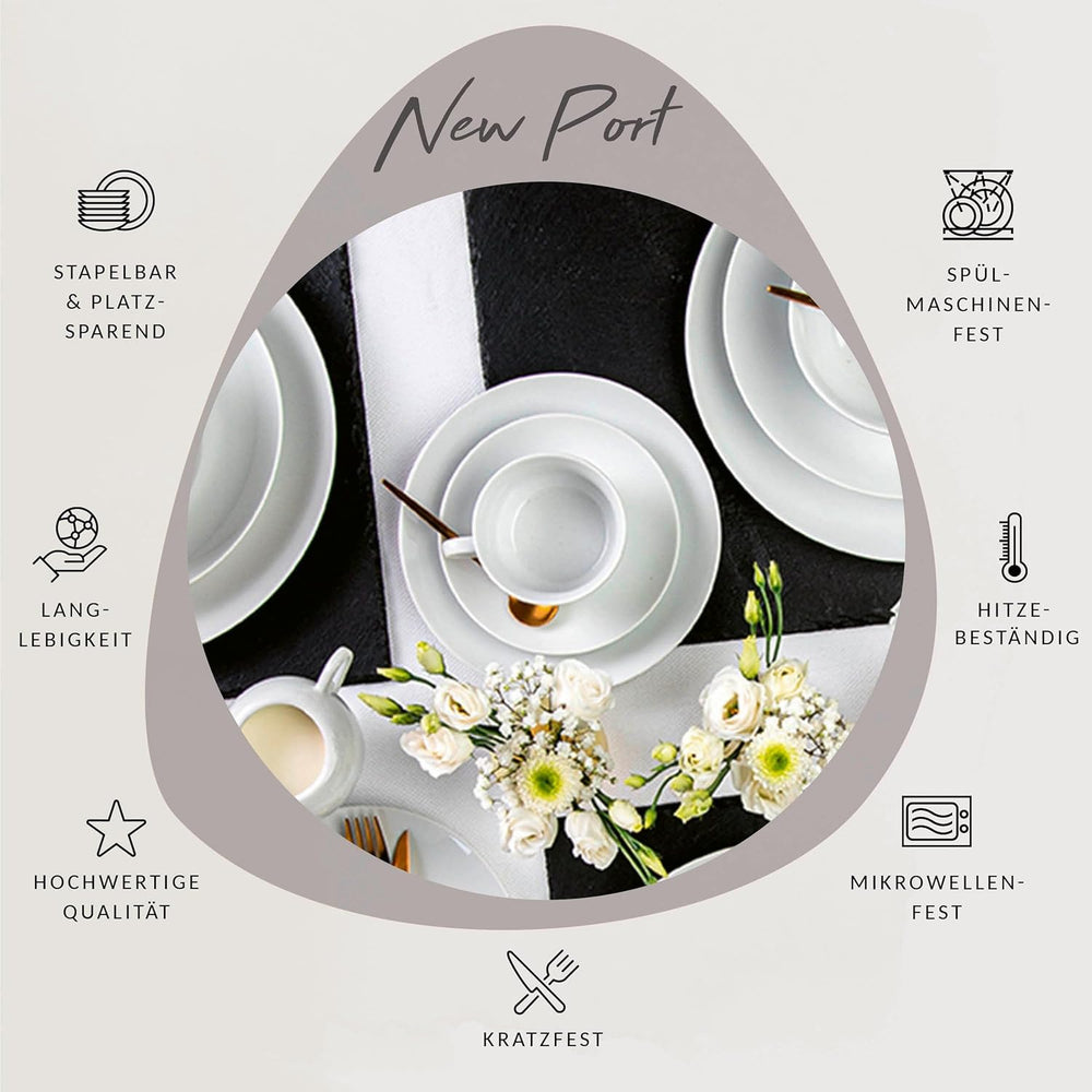 Set de cești de cafea Sänger New Port, set de 12 cești pentru 6 persoane, cești și farfurioare din porțelan alb, 150 ml | COLECȚIA PREMIUM