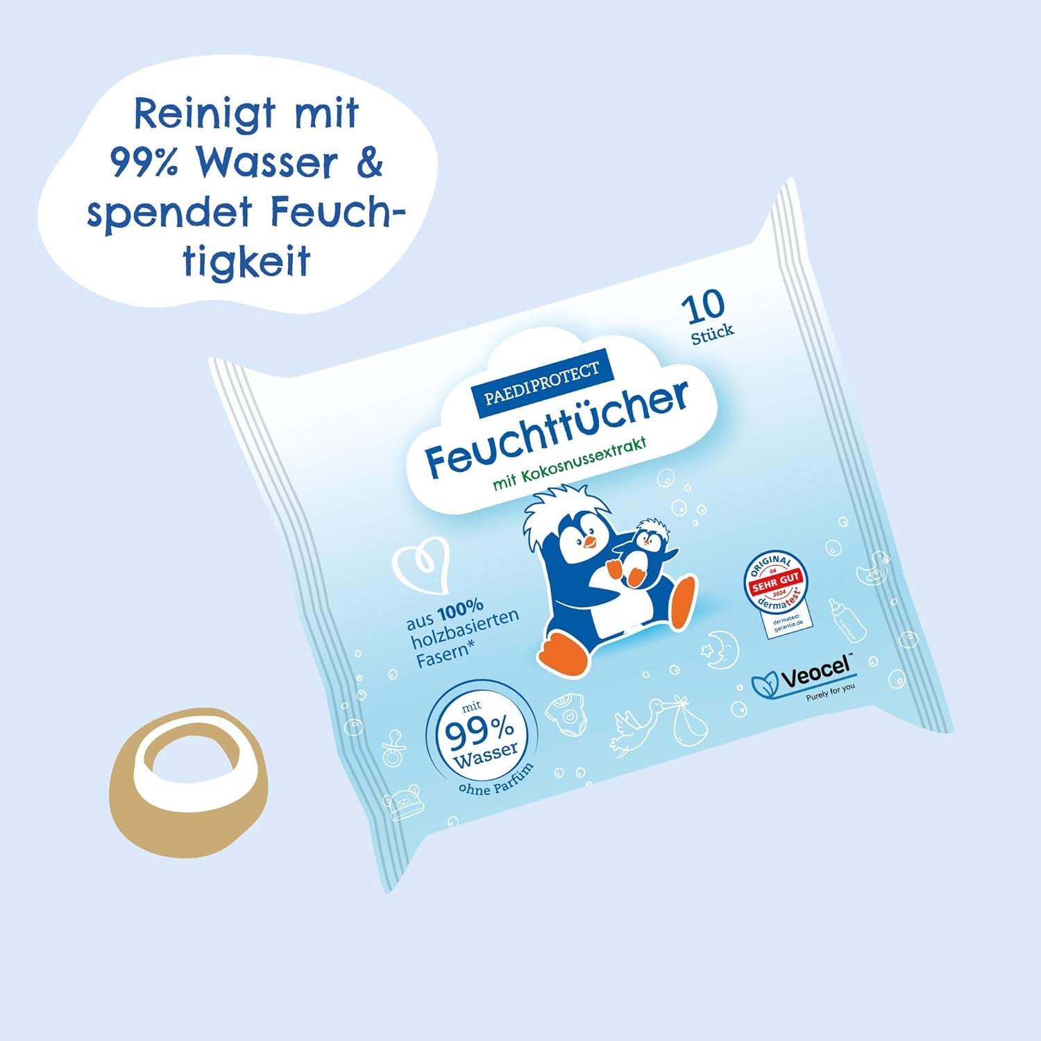 PAEDIPROTECT Chusteczki nawilżane dla niemowląt 1 x 10 szt. Chusteczki nawilżane dla niemowląt Sensitive Chusteczki nawilżane na bazie wody 99% Bezzapachowe dla dzieci i dzieci Delikatna skóra Ekstrakt z kokosa Bez mikroplastików Wegańskie (5 szt.)