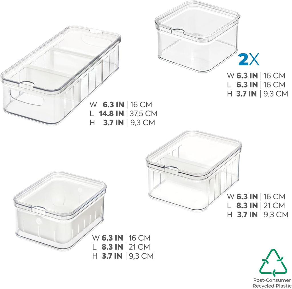 Cutii de depozitare iDesign, organizator frigider cu capac într-un set de 5, cutii de depozitare a alimentelor din plastic reciclat pentru organizarea consumabilelor, transparente și albe Cutii depozitare alimente Naty Shop
