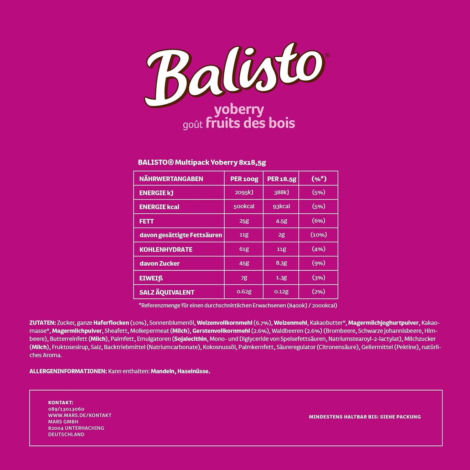 Balisto Chocolate Pack luzem, batoniki czekoladowe Yoberry, płatki zbożowe i jogurt, 8 x 18,5 g, czekolada, batoniki musli, opakowanie zbiorcze czekolady (148 g)