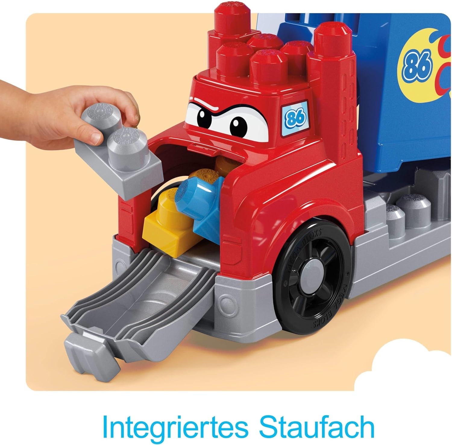 MEGA BLOKS-Bausteine Bausteinset für Kleinkinder, Fast Tracks Rennwagen-Transporter mit 19 Teilen, 2 Rennautos und Aufbewahrung, rot, ab 1 Jahr, JFR29