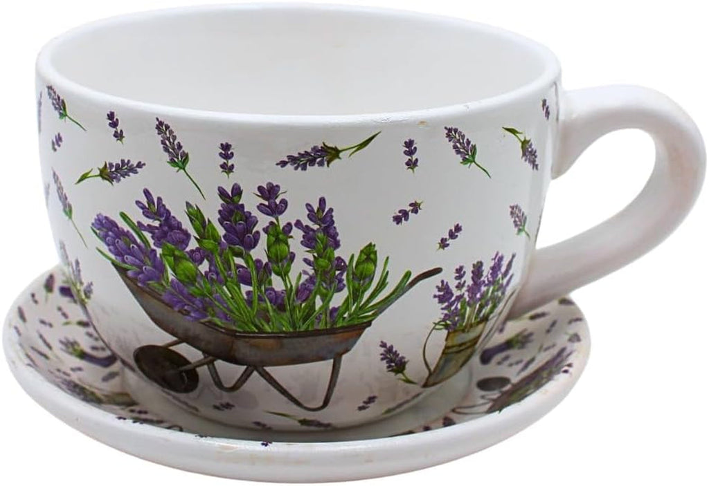 Ghiveci de flori Dekohelden24, jardinieră, ghiveci pentru plante, recipient pentru plante, ghiveci de flori. Ghiveci ceramic în formă de cupă cu mâner, design: lavandă, L/l/Î 25 x 23 x 14 cm.