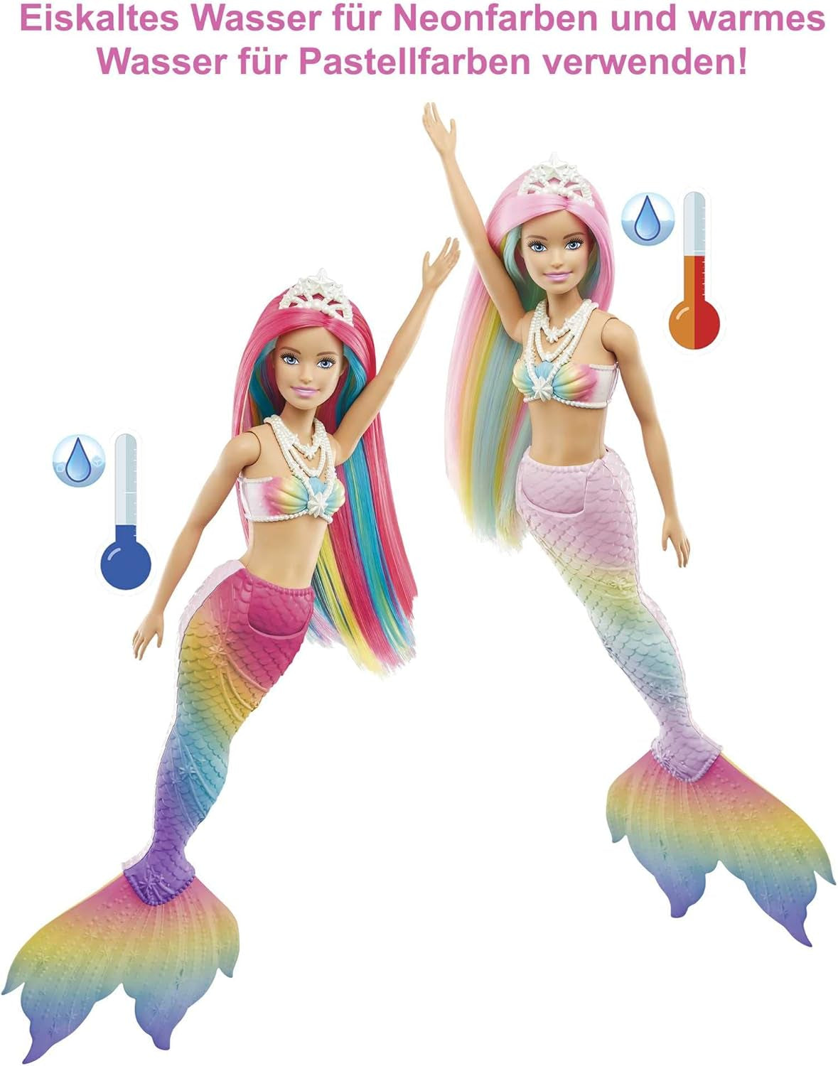 Barbie Dreamtopia Rainbow Magic Mermaid, Barbie Mermaid cu păr curcubeu, păpușă care își schimbă culoarea activată de apă, jucărie de la 3 ani, cadou pentru fete, GTF89 Papusi Naty Shop