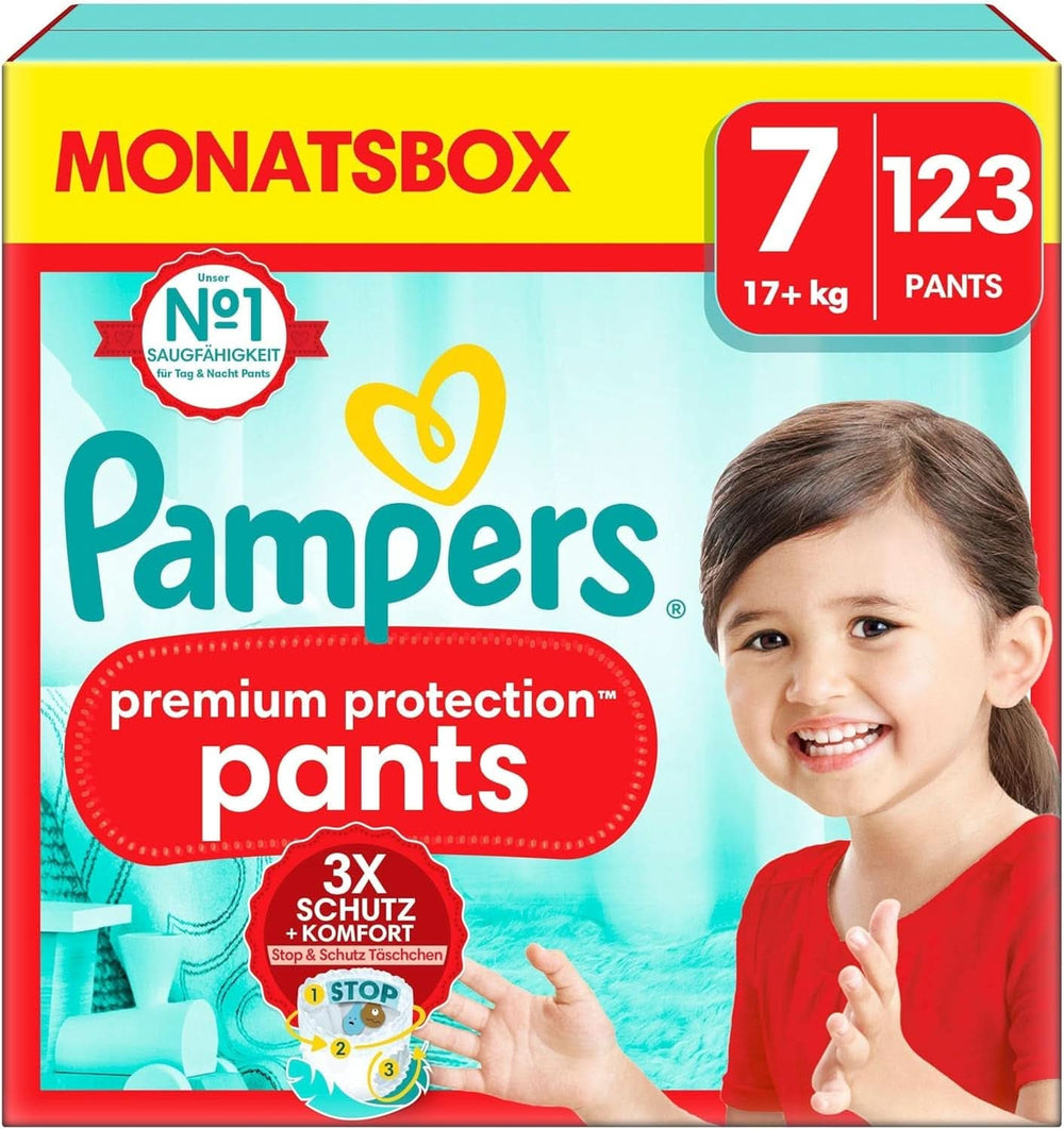Pampers Baby Nappies Spodnie rozmiar 5 (12-17Kg) Premium Protection, Junior z kieszenią Stop and Protect, 144 pieluchy Majtki Matka i Dziecko Naty Shop 7 (123 szt.) Spodnie Premium Protection