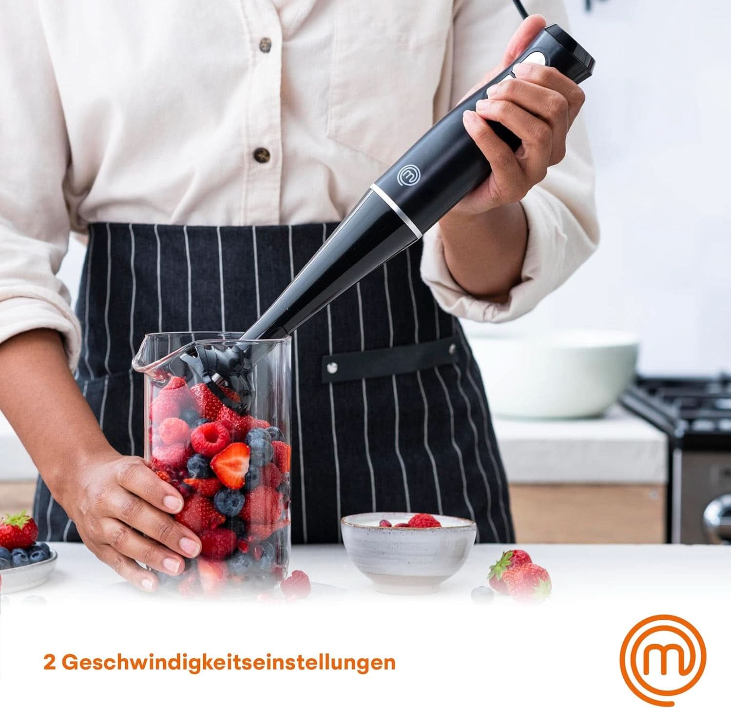 Masterchef Stabmixer, Pürierstab Mit Spritzschutz, Zauberstab Küchengerät, Elektrische Mixstab Blender ręczny Mit 2 Geschwindigkeiten, Eintauchfunktion, Spülmaschinenfeste Komponenten, 200W, Schwarz Kitchen Naty Shop