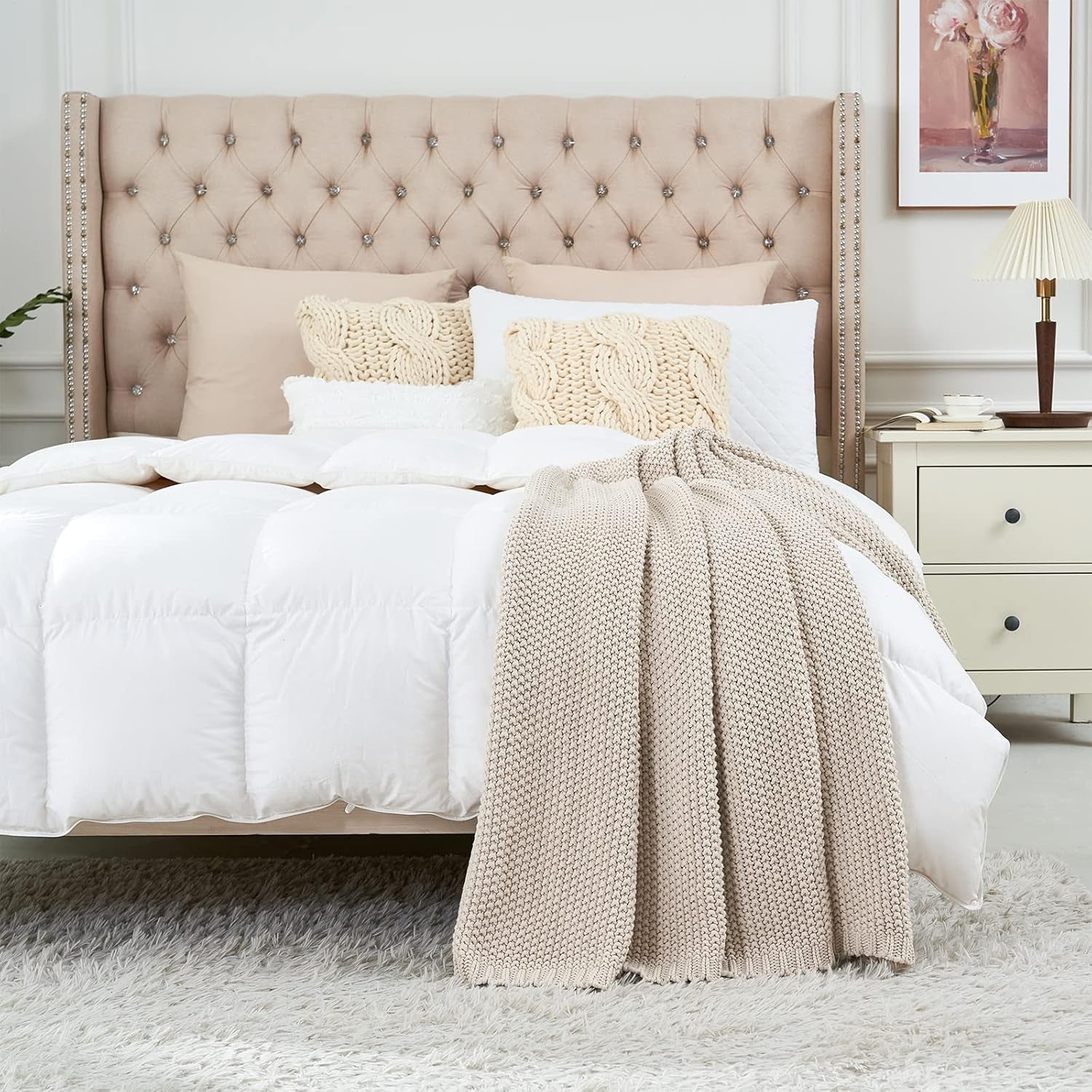 Koc z grubej dzianiny, lekki, beżowy, 100% bawełny organicznej, koc na kanapę, sofę, łóżko, dziecko, pokój dziecięcy, rustykalny, shabby chic, nowoczesny dom wiejski, 152,4 x 203,2 cm, w zestawie torba na pranie. Łóżka i koce Pościel Longhui