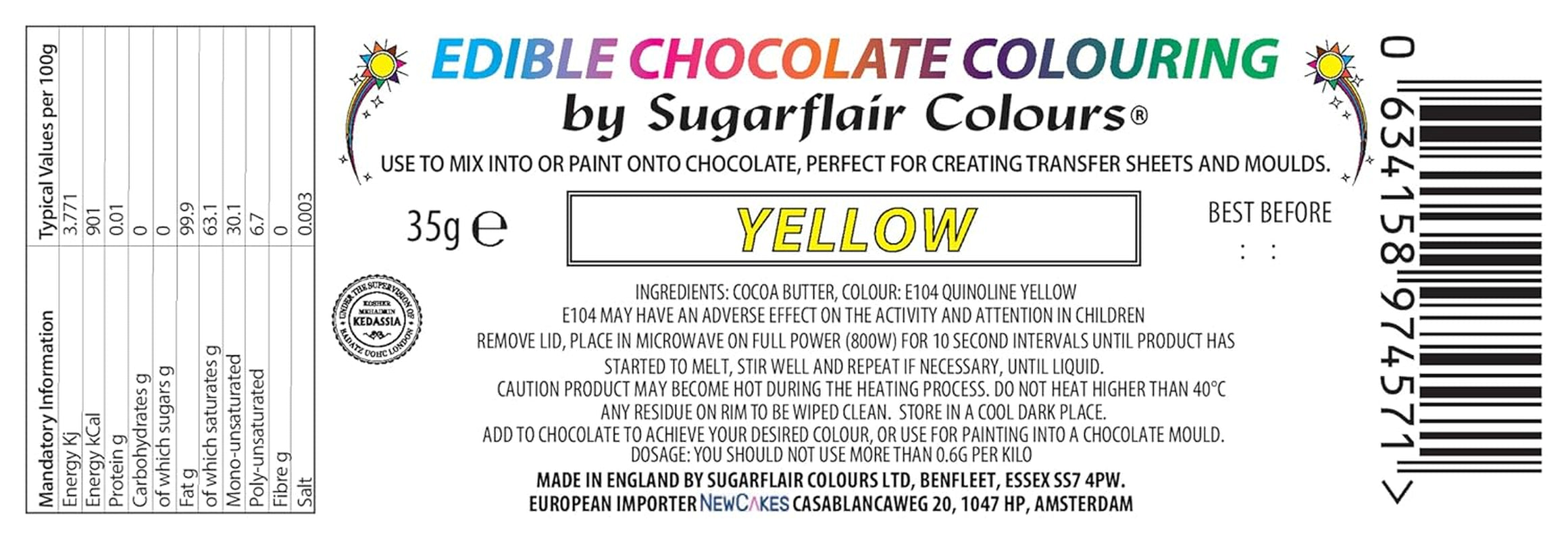 Colorant alimentar Sugarflair Chocolate Colorant alimentar galben pentru ciocolată - Unt de cacao organic colorat, colorant ciocolată pentru colorarea ciocolatei, praline - 35g