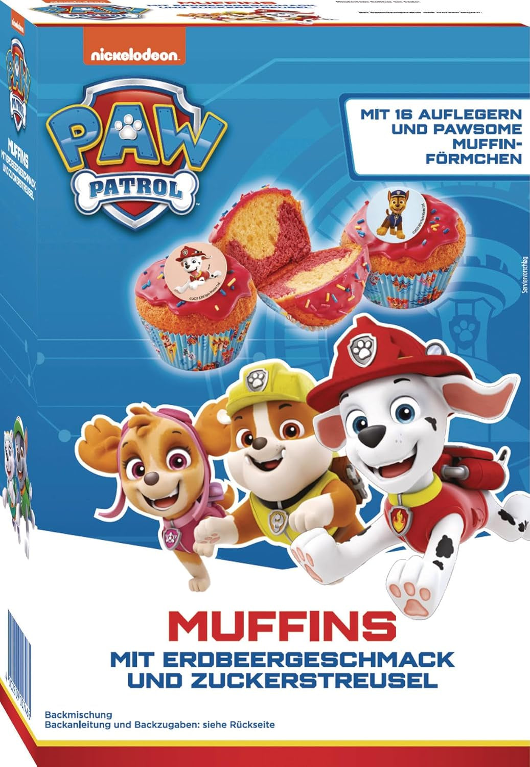 RUF X PAW Patrol Muffin Backmischung Mit Erdbeer-Geschmack, Für 12 Paw Patrol Muffins, Inkl.16 Oblaten-Auflegern Und Pawsome Muffin-Förmchen, 1 X 394G Naty Shop 392 G (1Er Pack) Muffins