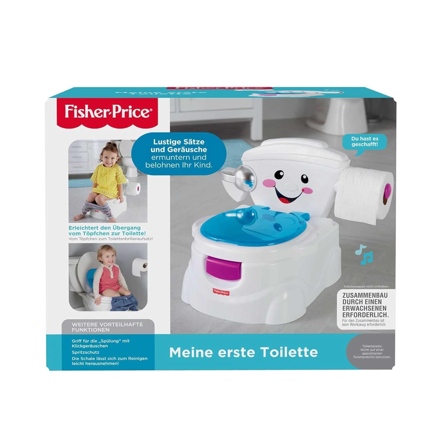 Toaleta Fisher-Price Meine Erste, Baby Töpfchen, Mit Musik & Lustigen Sätzen, Tragbare Baby Toilette, Abnehmbarer Toilettenaufsatz, Wersja Deutsche, Ab 1 Jahr, P4326 Akcesoria Żywność i karmienie piersią Sklep Bebe Naty