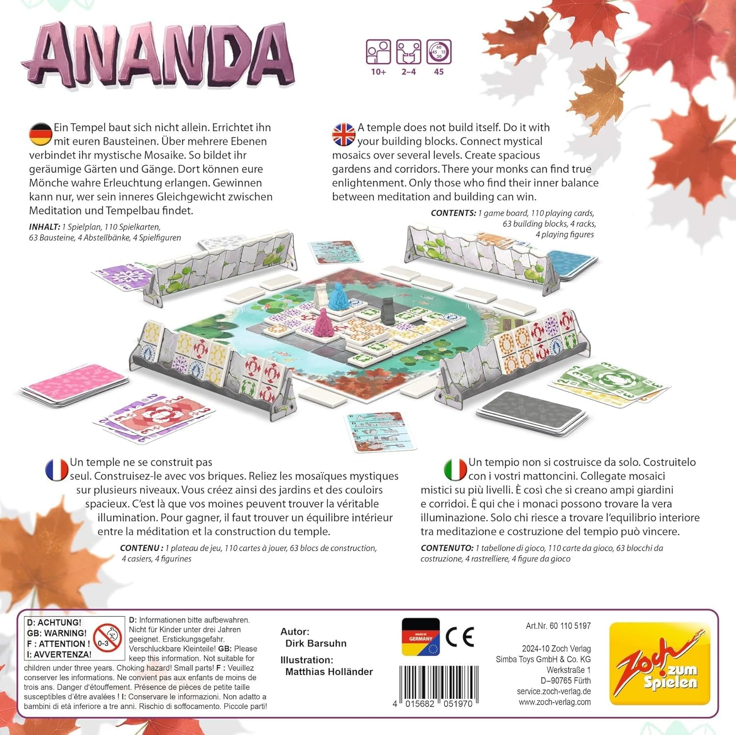 Zoch Ananda - Un joc de societate strategic cu influențe meditative, construirea de temple cu ajutorul unor tactici, călugări care meditează în zone colorate, colectează puncte karma, joc de familie pentru vârste de 10 ani și peste.