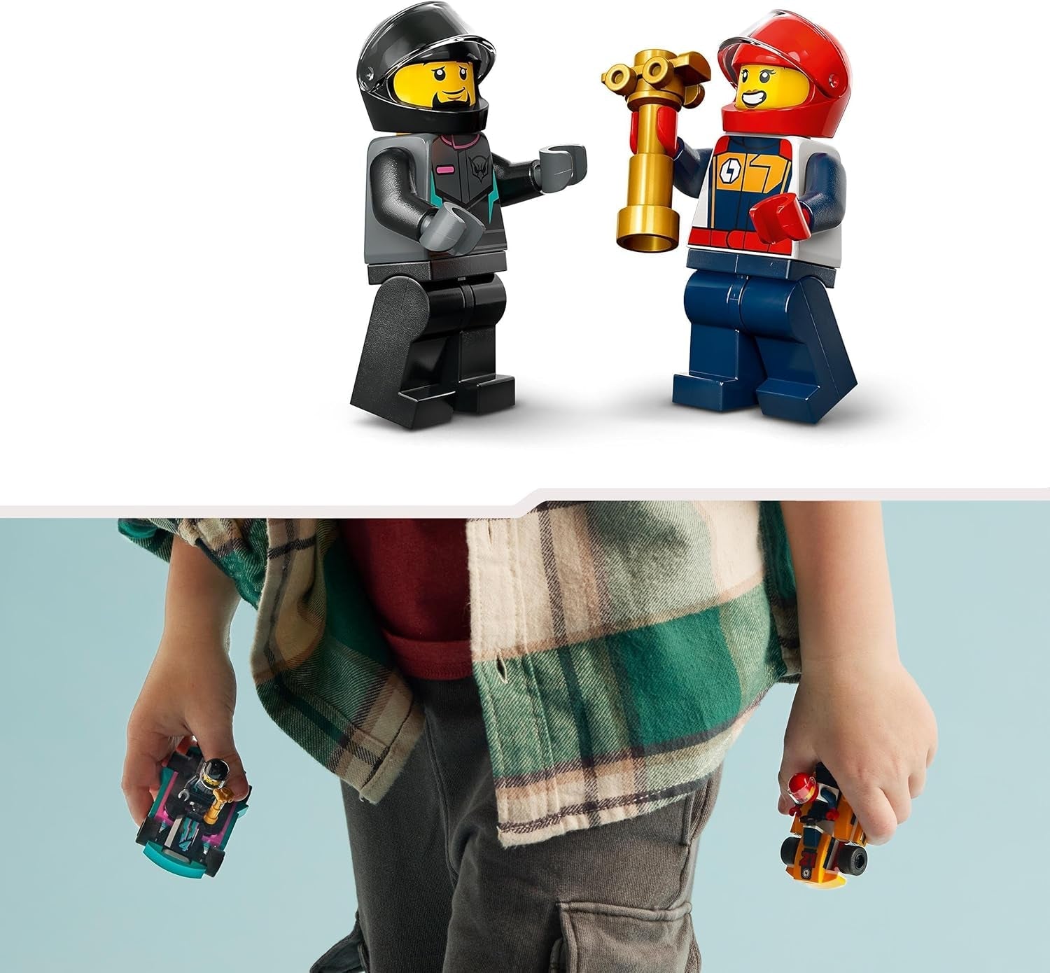 LEGO City Gokarty z kierowcami, zestaw 2 minifigurek kierowców i samochodów wyścigowych, samochody zabawkowe dla 5-letnich chłopców i dziewcząt, fajny prezent dla dzieci 60400 zestawów do budowania Besuche den LEGO-Store