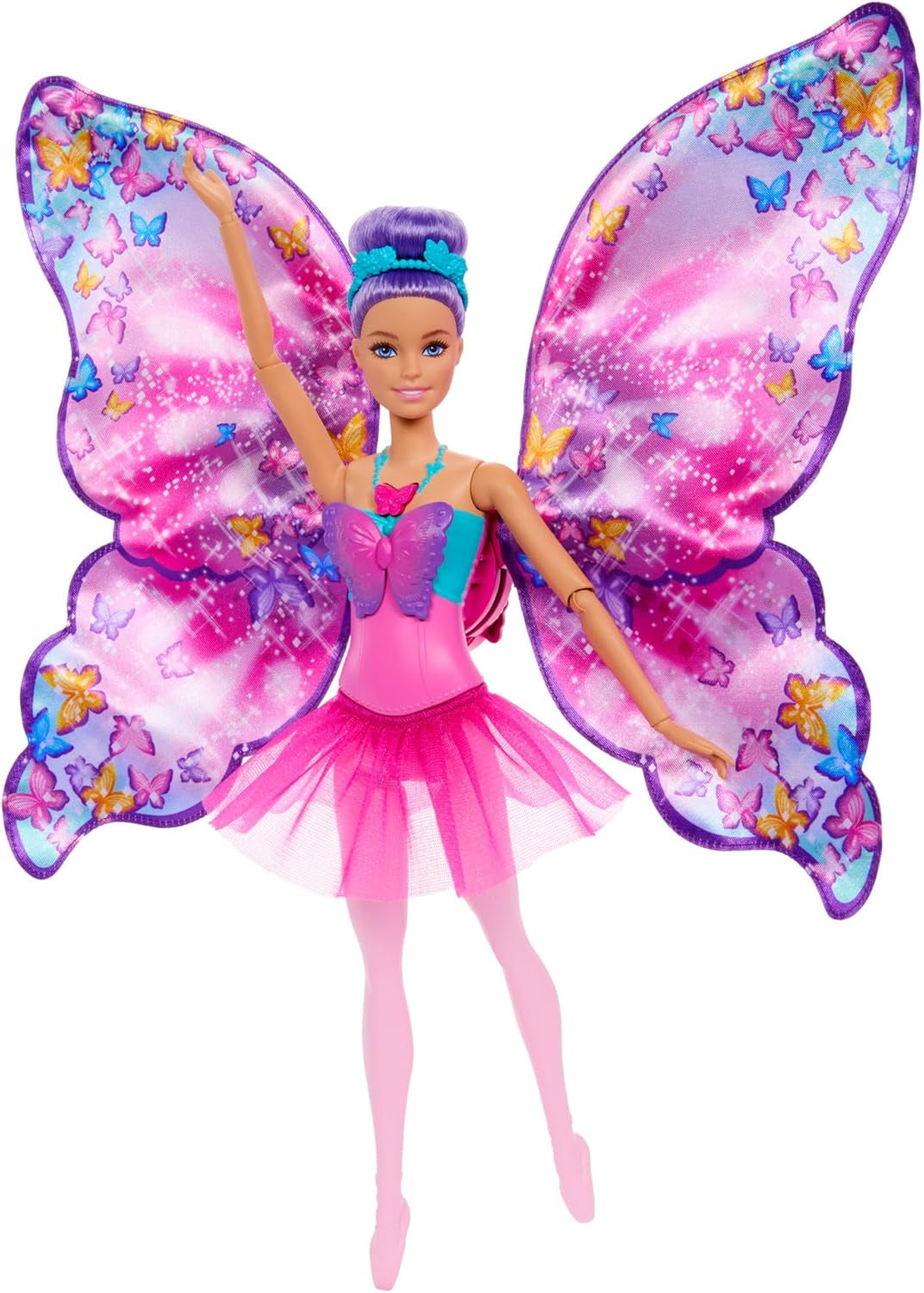 Păpușa Barbie Dance And Flutter cu transformare 2 în 1 de la dansatoare la fluture cu aripi care se deschid, păr violet, bijuterii de păr și tutu detașabil, HXJ10 Papusi Naty Shop Titlu implicit