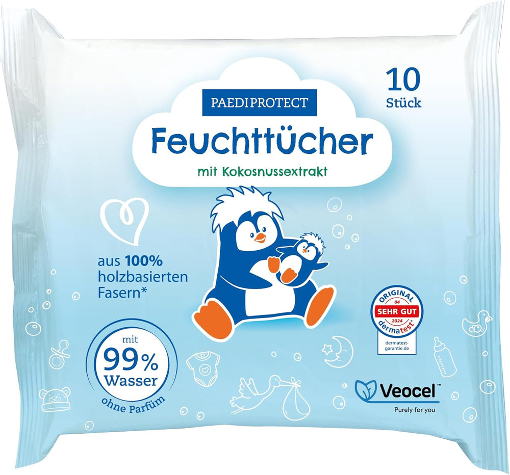 PAEDIPROTECT Chusteczki nawilżane dla niemowląt 1 x 10 szt. Chusteczki nawilżane dla niemowląt Sensitive Chusteczki nawilżane na bazie wody 99% Bezzapachowe dla dzieci i dzieci Delikatna skóra Ekstrakt z kokosa Bez mikroplastików Wegańskie (5 szt.)