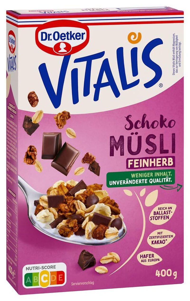 Dr. Oetker Vitalis Muesli z ciemnej czekolady: Muesli śniadaniowe z ciemną czekoladą, opakowanie 6 sztuk (6 x 600 g)