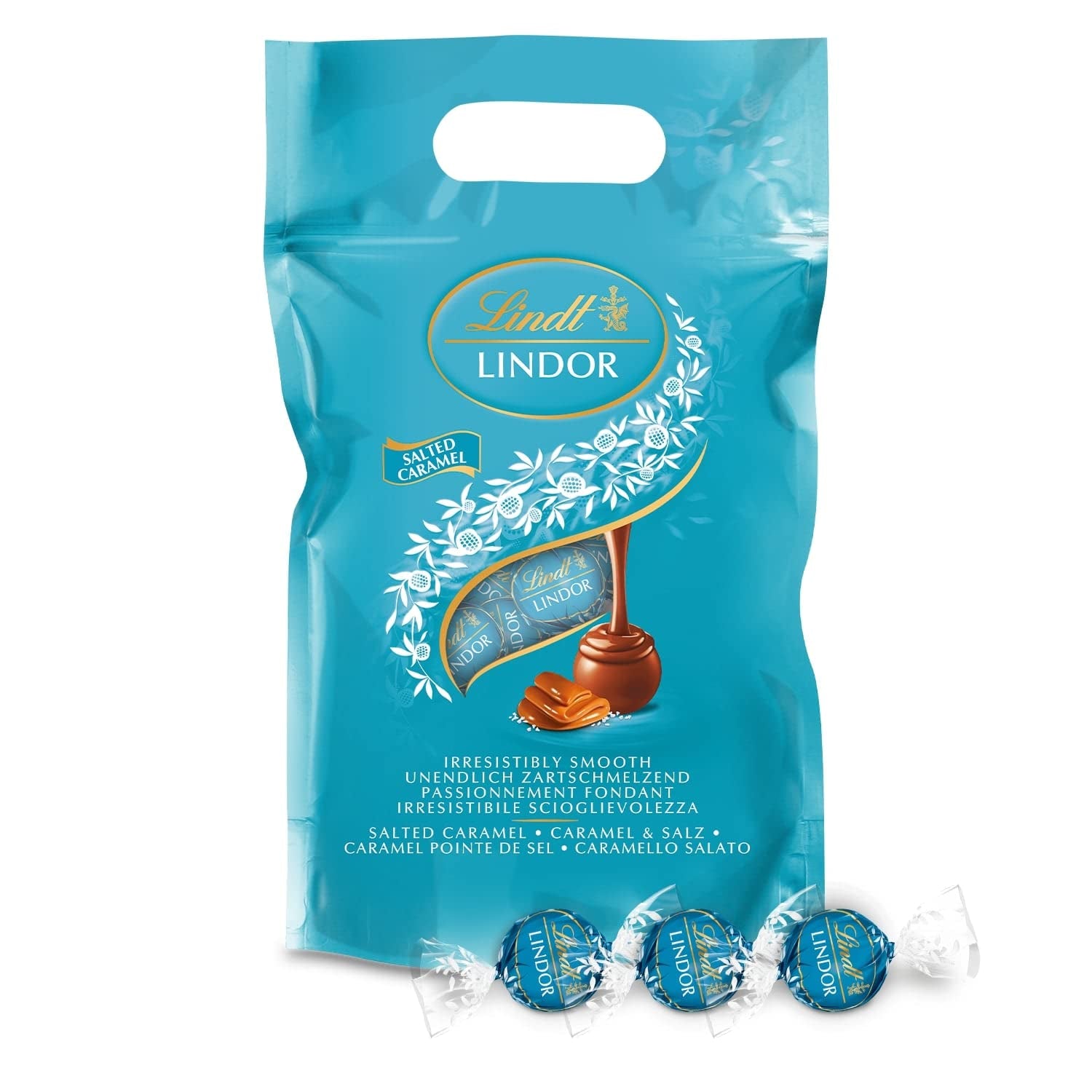 Kulki czekoladowe LINDOR | 1 kg zamykana torebka | ok. 80 kulek z mlecznej czekolady z nadzieniem miętowym | Opakowanie zbiorcze i kulki czekoladowe LINDOR Solony Karmel