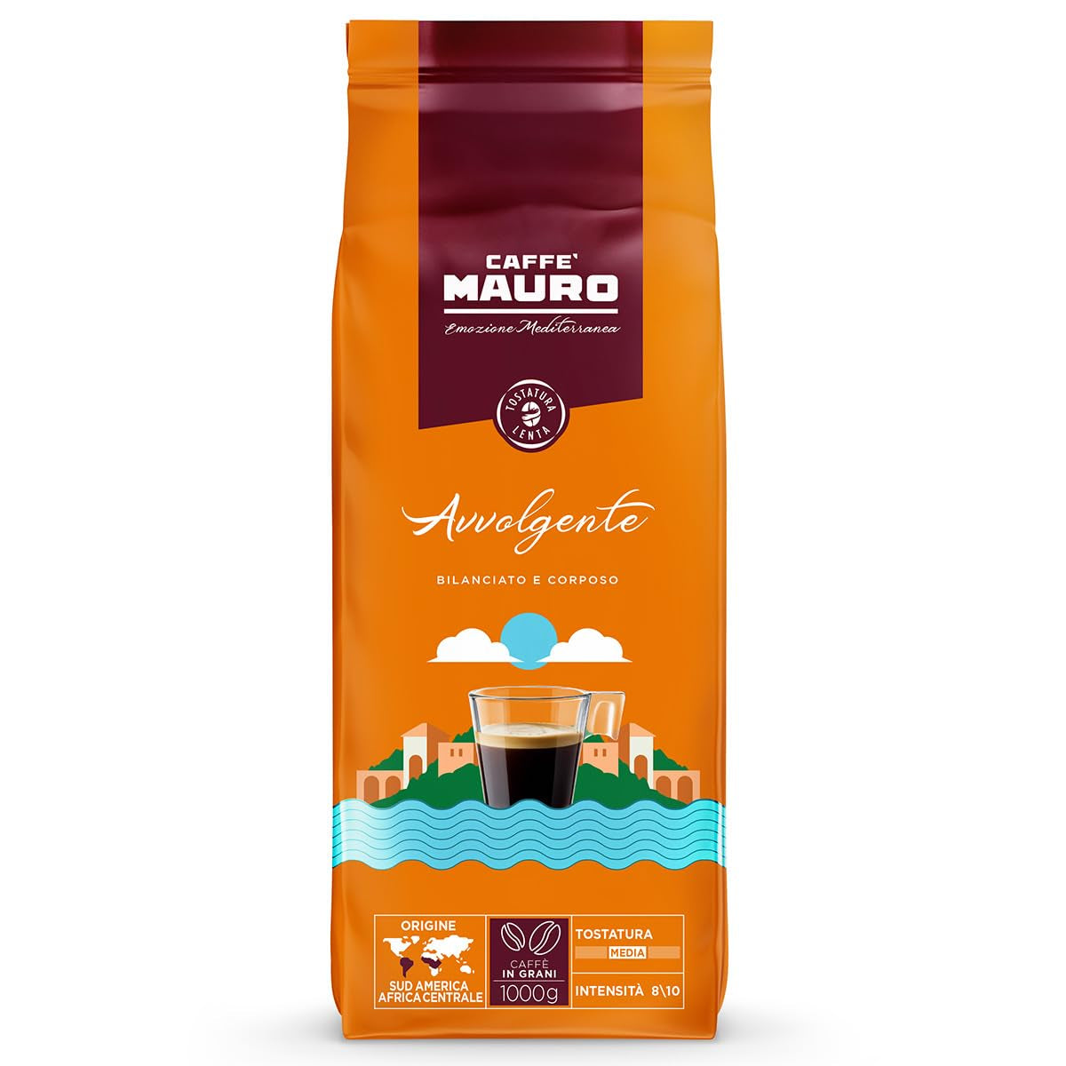 Caffè Mauro Torrefazione – Kaffeebohnen – 1 kg – Avvolgente Mischung – mittlere Röstung – Intensität 8/10 – hergestellt in Italien – 1kg Packung