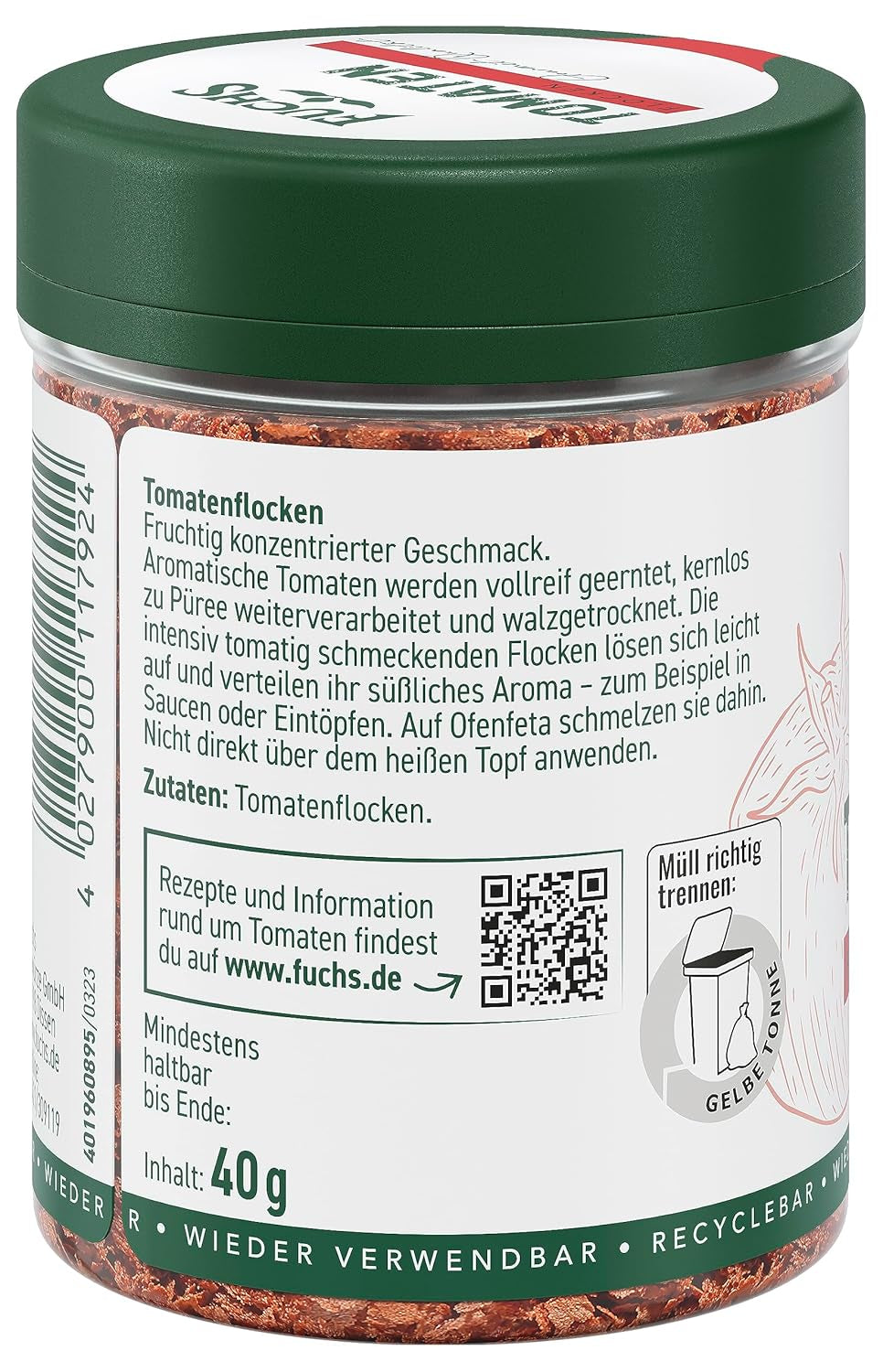 Fuchs Gewürze - Tomaten Flocken - Gewürz für Ofenfeta oder tomatigen Geschmack in Saucen - naturalne składniki - 40 g w wiederverwendbarer, recyclebarer Dawka