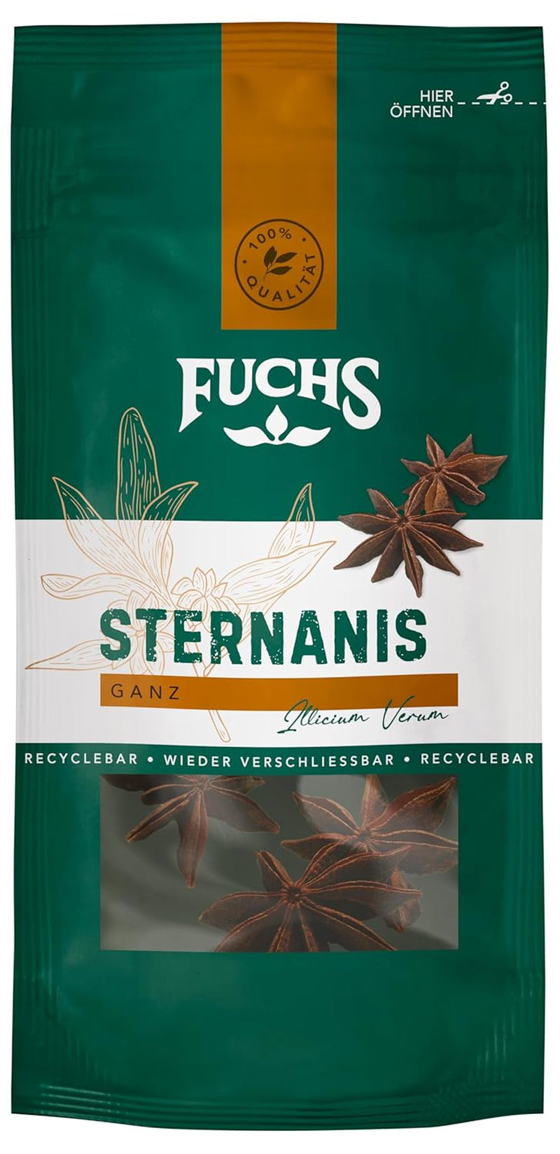 Fuchs Gewürze - Sternanis ganz | Naturalny składnik | 9 g zamykana torba nadająca się do recyklingu