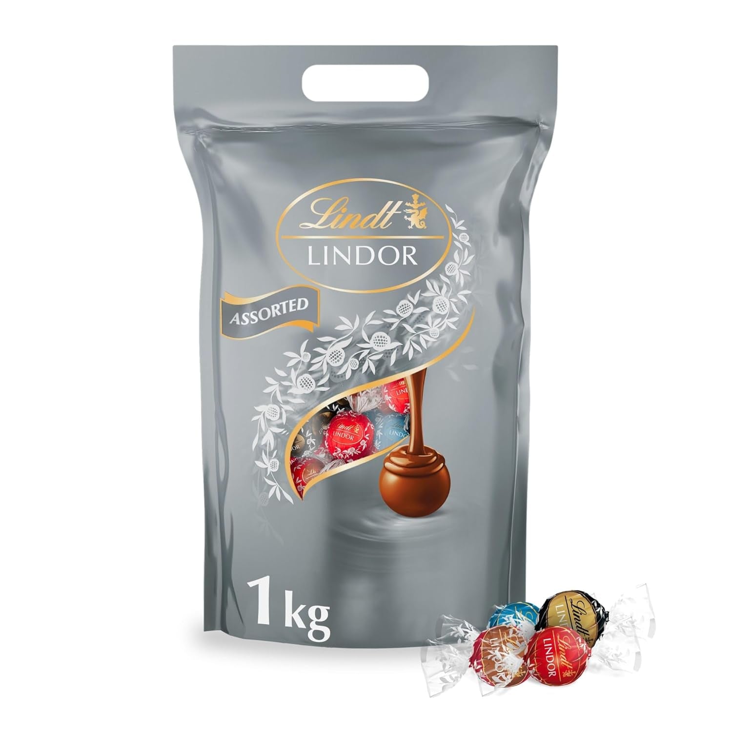 Czekolada Lindta | Różne torby LINDOR srebrne | Worek 1 kg | 80 kulek rozpływającej się w ustach mlecznej czekolady, 70%, smak solonego karmelu i podwójnej czekolady | Prezent w postaci czekolady do dzielenia się